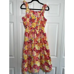 Blueberry‎ Boulevard Floral Ruffle Midi Dress Womens Size L Yellow Orange Cotton
